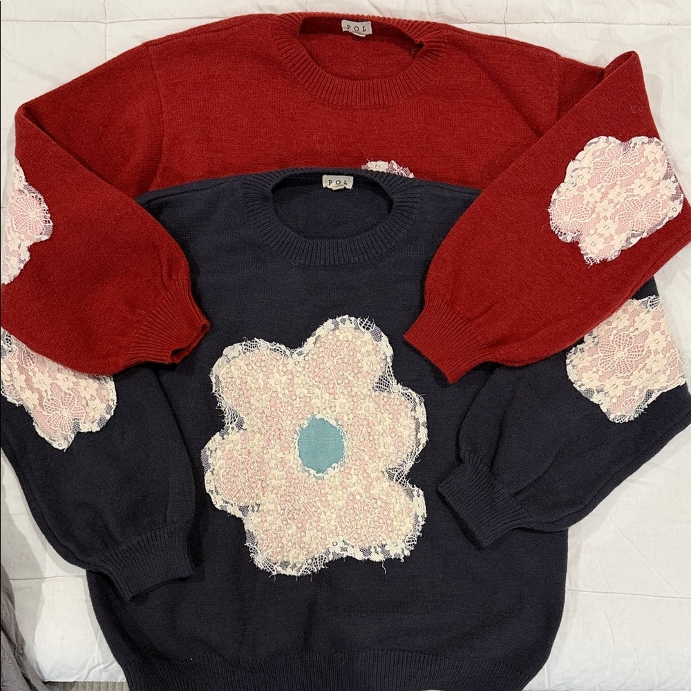 POL Floral Patchwork Sweater - Red and Blue